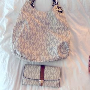 White cream MK Michael Kors Purse and wallet set